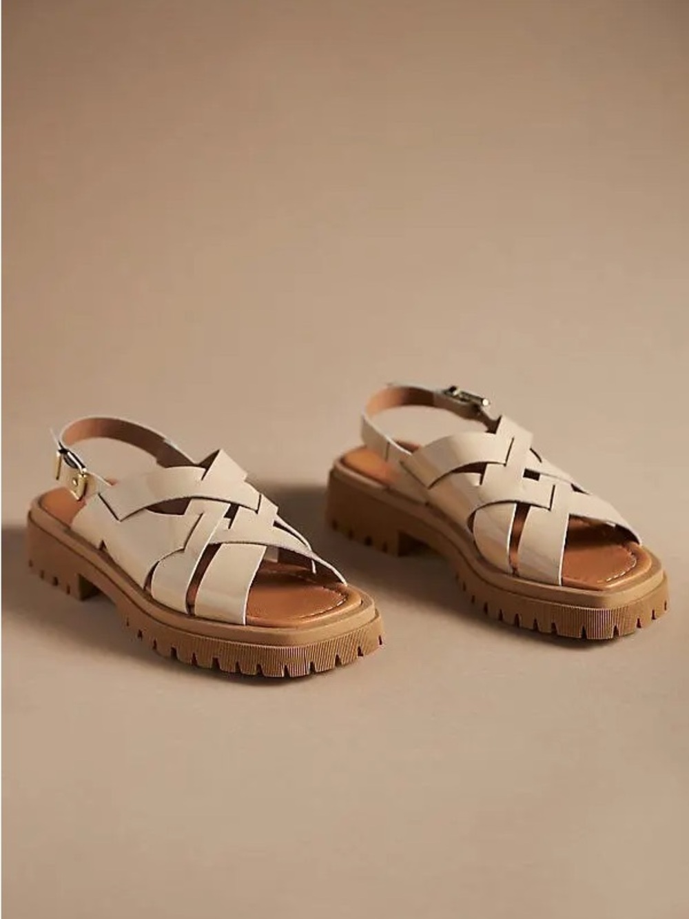 Anthropologie || Maeve Open-Toe Fisherman‎ Sandals Patent Cream Beige Tan 41